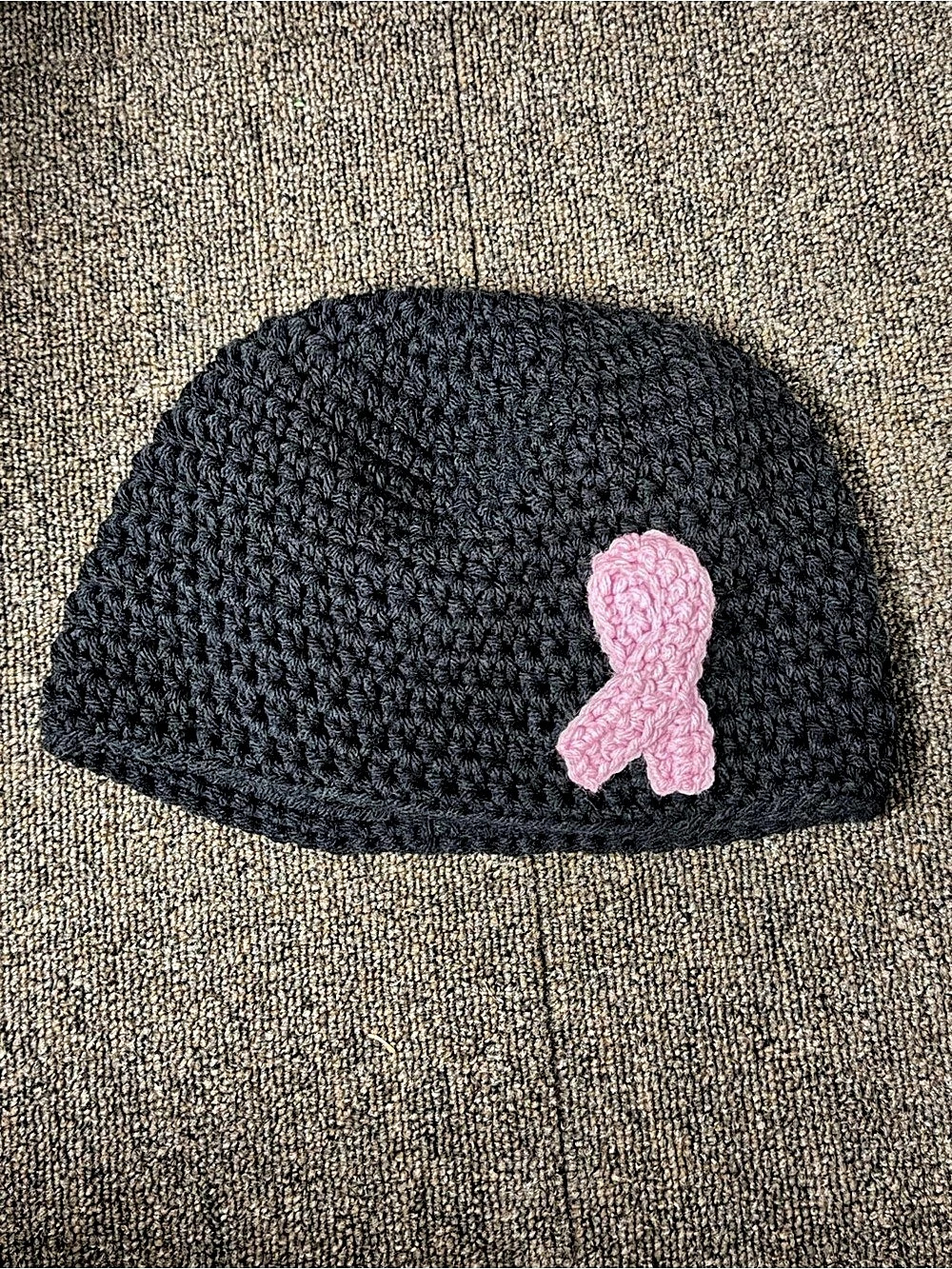 Black Knit Hat with Pink Ribbon Like New